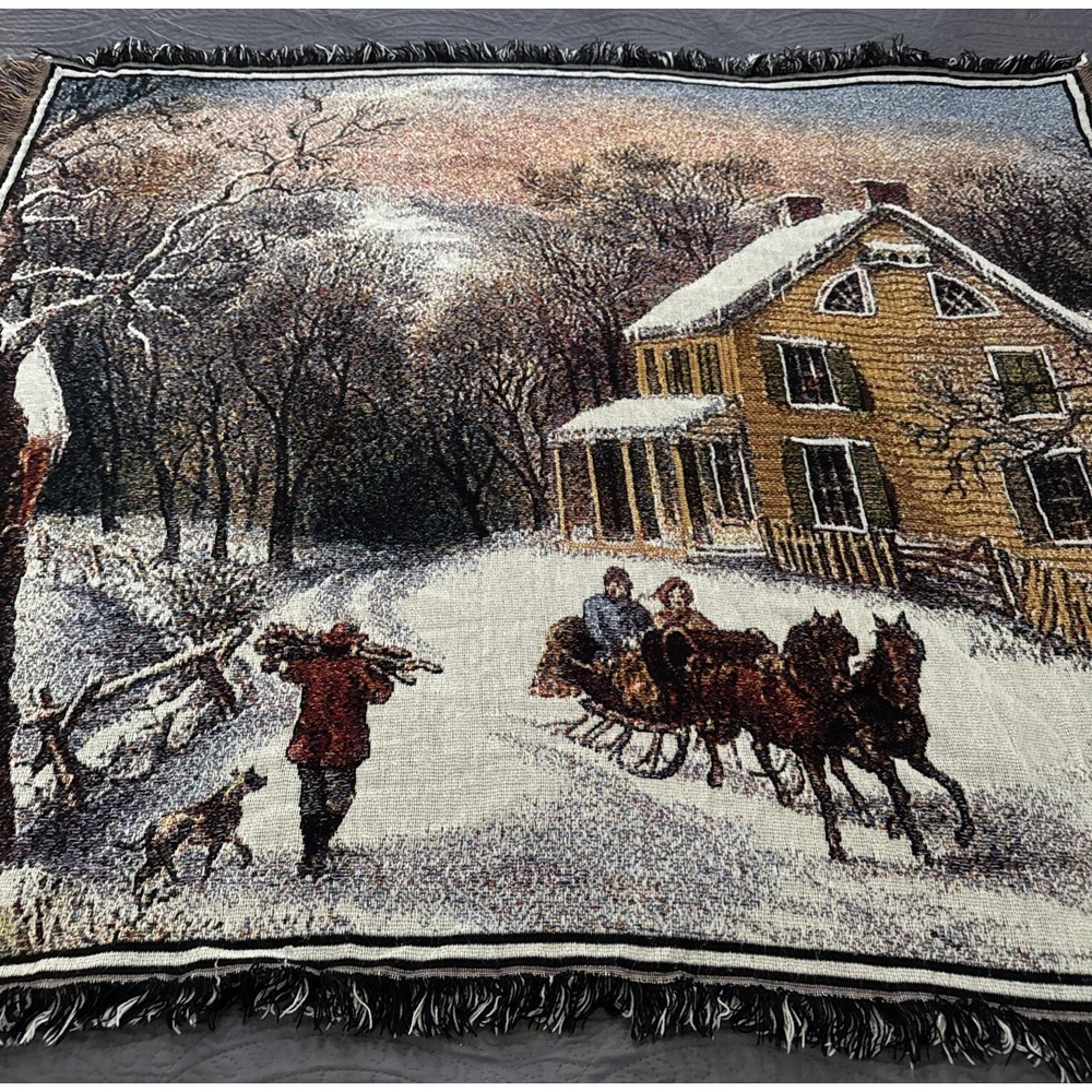 Crown Crafts Winter Sleigh Ride Farm House Throw Blanket Tapestry Cottage Core